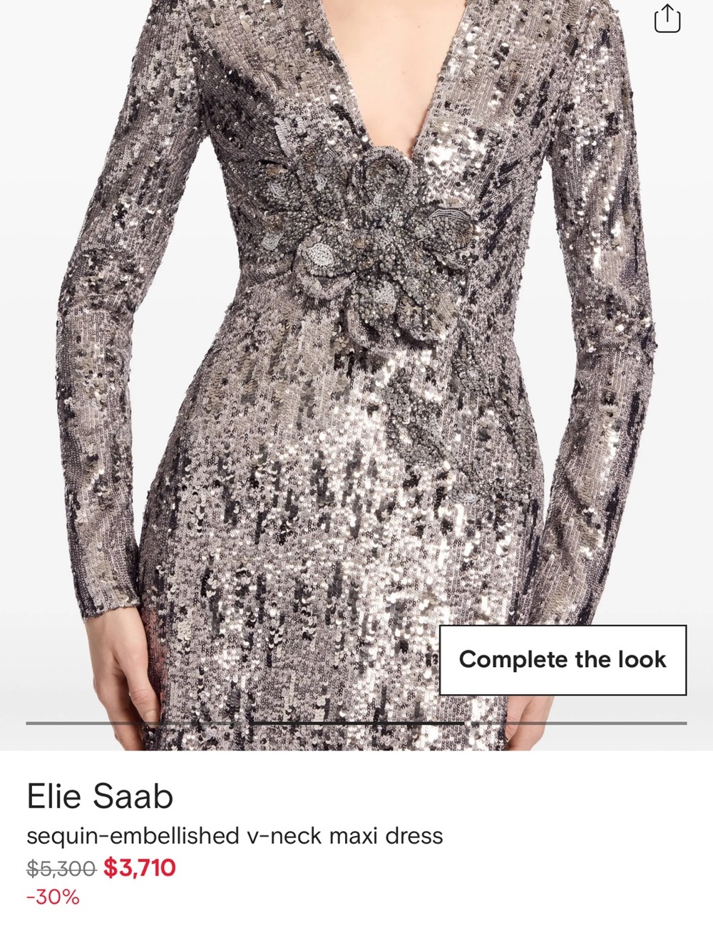 Elie Saab Silver Sequin V-Neck Maxi Dress with Floral Waist Detail